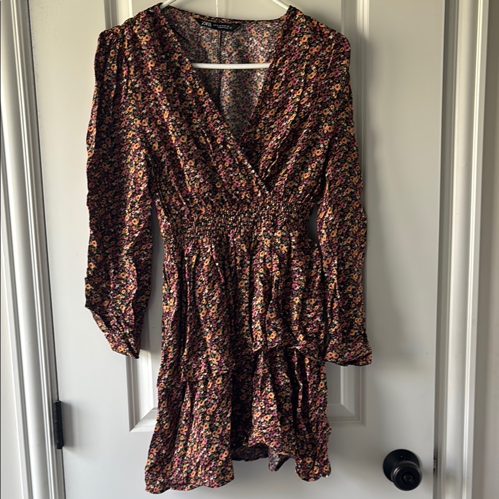 Zara Brown and Black Long Sleeve V-Neck Sundress